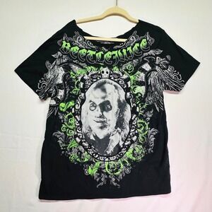 Mad Engine Beetlejuice Graphic Shirt Womens Black Neon Green Raw Neck 80s Movie